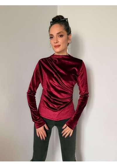 Ali Butik Bordo Balıkçı Yaka Kadife Bluz Bordo