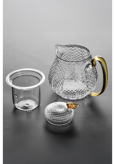 Modern Cam Demlik 550 Ml - Isıya Dayanıklı, Cam Süzgeçli Ve Altın Kulplu Çay Keyfi Şeffaf