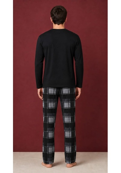 Pemilo Erkek 7119 %100 Pamuk Uzun Kol Pijama Takım Siyah
