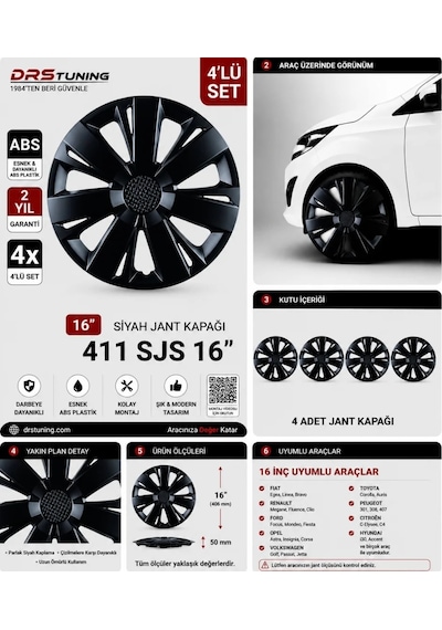 Mazda Uyumlu 16 Inç Kırılmaz Parlak Siyah Jant Kapağı 1 Takım 4 Adet No:411