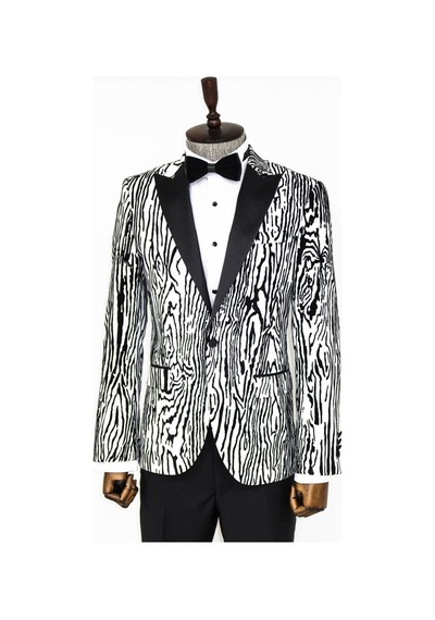 Wessi Slim Fit Zebra Desen Erkek Smokin Ceket - Beyaz