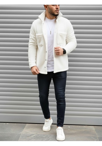 Stıll Giyim Unisex Normal Kalıp Cep Detaylı Düğmeli Pelüş Ceket Beyaz