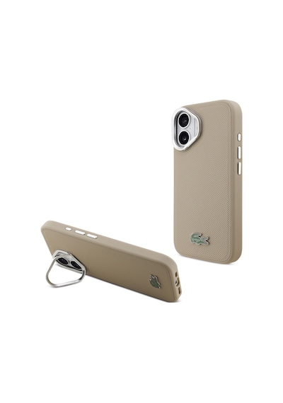Apple Uyumlu iPhone 17  Kılıf Lacoste Lisanslı M-safeli Pu Pike Desenli Standlı Metal Logolu Kapak Bej Bej