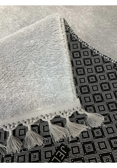 Puffy Gri Oval Örgü Saçaklı Peluş Yumuşacık Yıkanabilir Kaymaz Taban Halı Salon Oturma Odası Gri