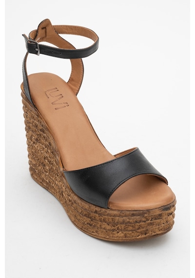 Luvishoes Luvi Shoes Elsıe Siyah Cilt Hakiki Deri Kadın Dolgu Topuklu Sandalet Siyah Deri
