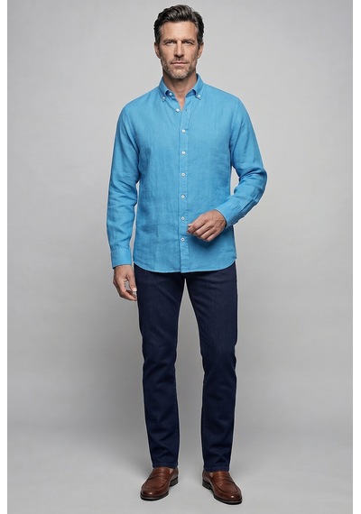 Bisse Mavi Regular Fit Keten Cepsiz Düğmeli Paşa Yaka Sedef Açık Gömlek Gmktn250011 D33 Açık Mavi