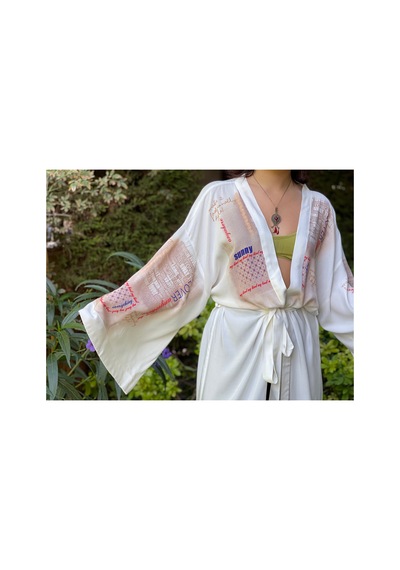 Lila Mare Çiçekli Yazılı Kimono Renkli Renkli