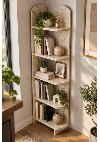 Sulorahome 5 Raflı Çok Amaçlı Dekoratif Kitaplık - Traverten Rengi