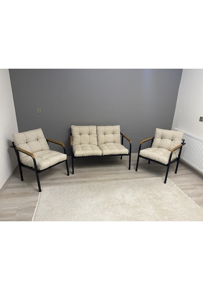 Modern Mars Balkon, Bahçe, Cafe - Metal Kanepe Koltuk Takımı - 2+1+1 Krem Modern32 Krem