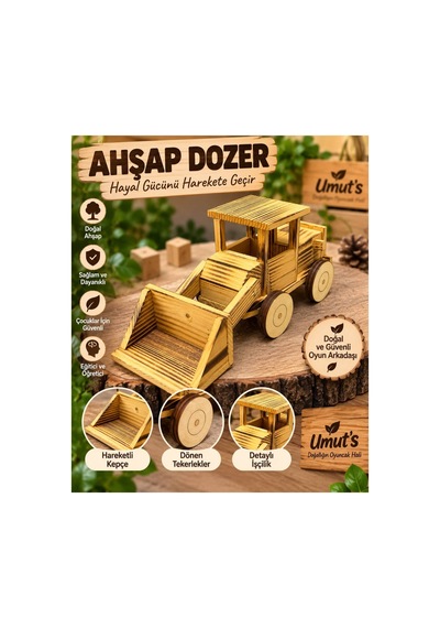 Ahşap Doğal El Yapımı Dozer Kepçe - Hareketli