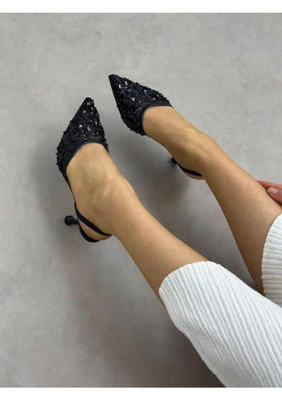 Ervanın Butiği Siyah Pullu Wely Lastikli Kadın Stiletto-6238 Siyah Cilt