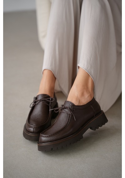 Orsel Hakiki Deri Bağcıklı Kadın Loafer- Kahverengi