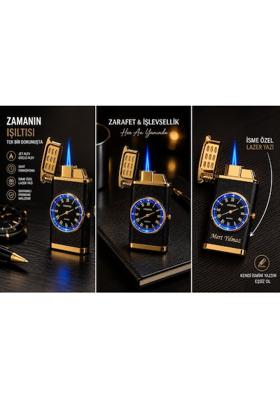 Kişiye İsime Özel Led Işıklı Sevgiliye Hediye Rüzgara Dayanıklı Saatli Metal Çakmak Dolu Gönderim Gf