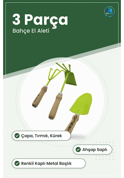 Bahçe Hobi Seti Çapa 3 Dişli Tırmık Kürek Ahşap Saplı Renkli Kapl