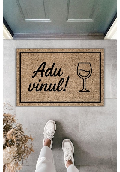 Rugmood Modern Dijital Baskı Adu Vinul Yazılı Kapı Önü Paspası Kahverengi