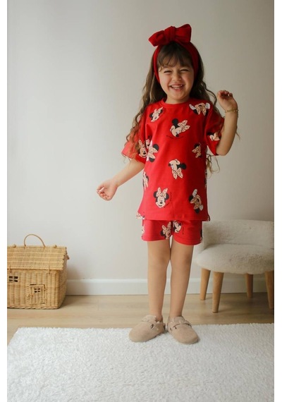 Miniko Kids Kız Çocuk Karakter Modelli Baskılı Şortlu Pamuk Takım Kırmızı