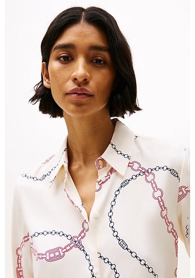 Tommy Hilfiger Kadın Th Viskon Rahat Gömlek - Beyaz Flag Chain Wave/ Rwb Calico