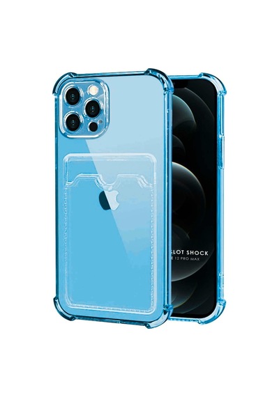 Apple Uyumlu iPhone 12 Pro Max Kılıf Darbe Emici Köşe Korumalı Kartlıklı Cüzdanlı Silikon Kapak Mavi
