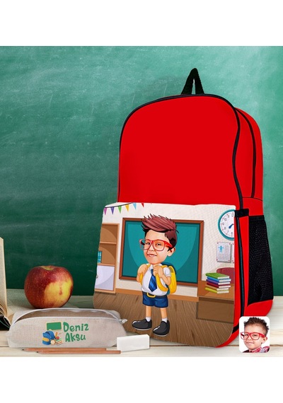 Bk Gift Kişiye Özel Erkek Öğrenci Karikatürlü Kırmızı Okul Çantası Ve Kalemlik Hediye Seti-4