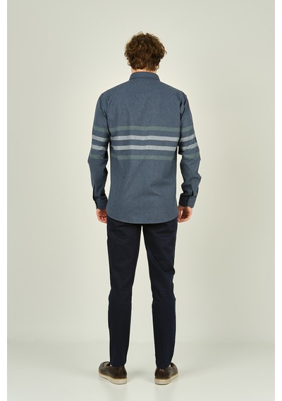 Megaldi Erkek Slim Fit İnce Blok Desenli Pamuklu Uzun Kol Gömlek 1100 İndigo Yeşil İndigo Yeşil İndigo