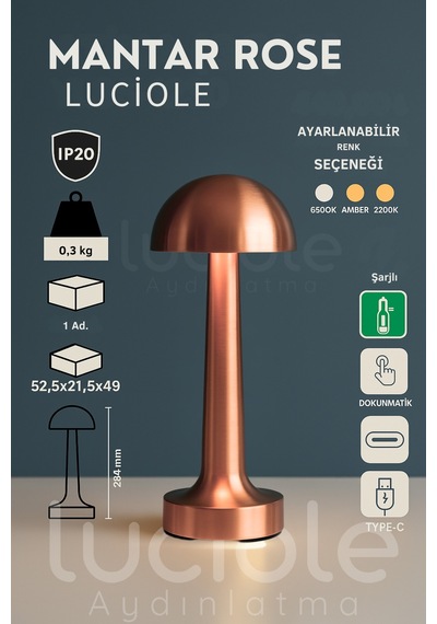 Ct-8430 Mantar Rose Şarjlı Dokunmatik 3 Renk Ayarlanabilir Masa Lambası Diğer