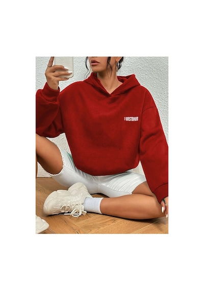 Blackjack Giyim Kadın Siyah Whrstbhvr Baskılı Kapüşonlu Sweatshirt Kırmızı