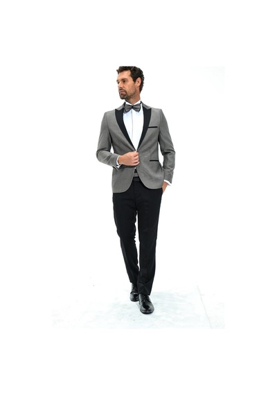 Morven Erkek Gri Portofino Slimfit Jakarlı Smokin Gri