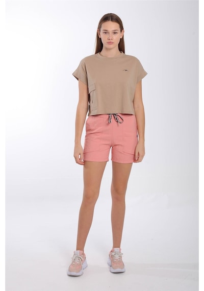 Maraton Sportswear Comfort Kadın Bisiklet Yaka Kısa Kol Basic Açık Vizon Crop Top 20856 Açık Vizon