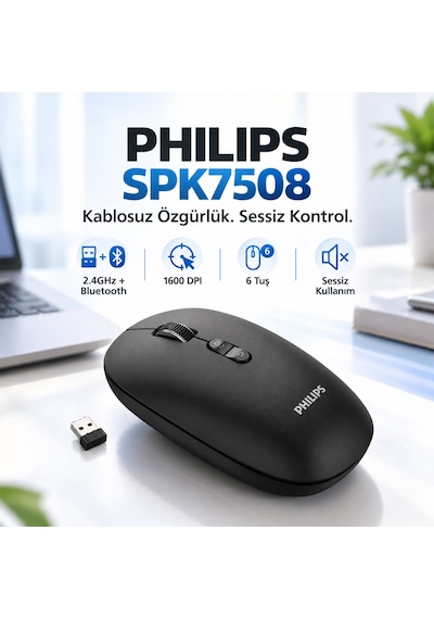 Philips SPK7508 Bluetooth 5.2 / 2.4GHz Kablosuz 1600 DPI 6 Tuşlu Sessiz Mouse