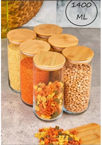 6'lı Bambu Kapaklı Cam Erzak Kavanozu 1400 ML