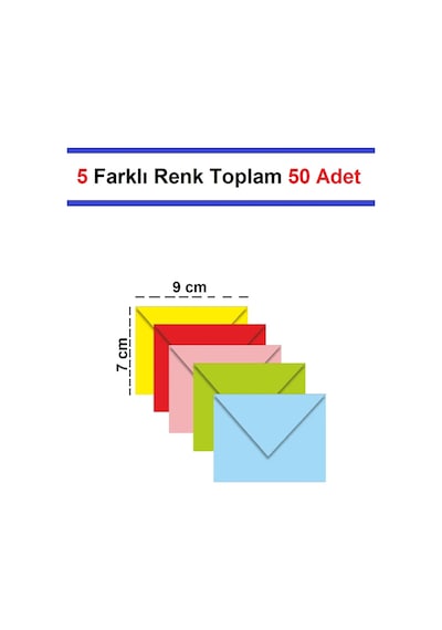 Kartvizit Zarfı Karışık 5 Farklı Renkli 80 Gr 7 X 9 Cm 50'li
