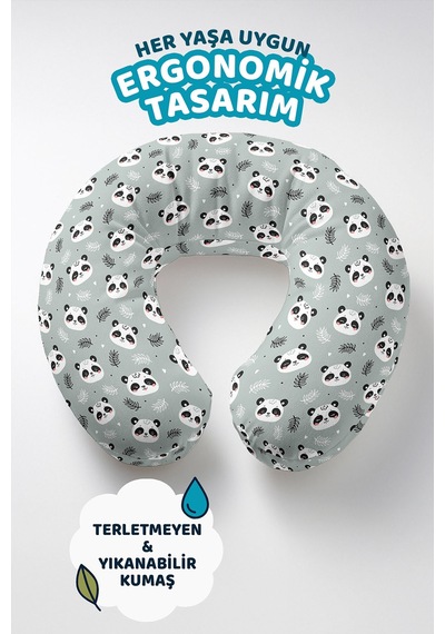 Panda Desenli Pamuklu Boyun Yastığı - Sevimli Gri Yaprak Figürlü Çocuk & Yetişkin Seyahat Yastığı Sedefli Adaçayı Kurşun