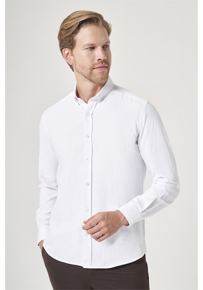 İmza Beyaz Düğmeli Yaka Oxford Slim Fit Pamuklu Gömlek 1004265284