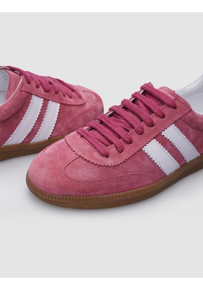 %100 Hakiki Deri Koyu Pembe Bağcıklı Kadın Sneaker Pembe