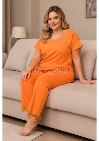 Lady Turuncu Renk B-634 Pamuklu Ve Dantel Detaylı, Büyük Beden Anne Pijama Takımı