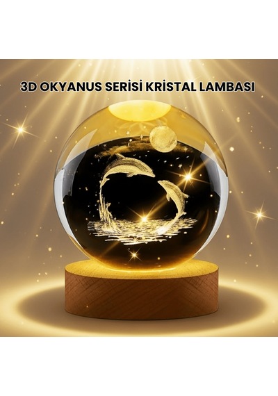 Lexroo Lazer İşlemeli Yunus Kristal Küre Sıcak Işıklı Ahşap Stand