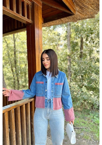 Kadın Mavi & Kırmızı Denim Kontrast Çift Renk Detay, Ön Düğmeli Manşetli, Kot Ceket Mavi
