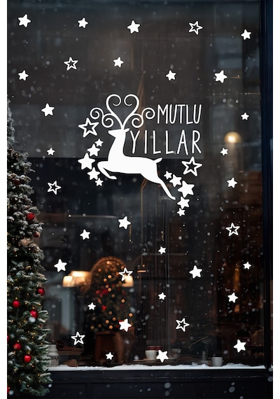 Mutlu Yıllar Geyik Cam & Duvar Sticker Seti 78 Parça Yılbaşı Vitrin Ve Ev Dekoru Dijital Baskı