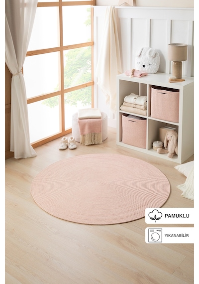 Ocean Home Textile Yıkanabilir Pembe Kırçıllı Pamuklu Halı Kilim 120 cm çap