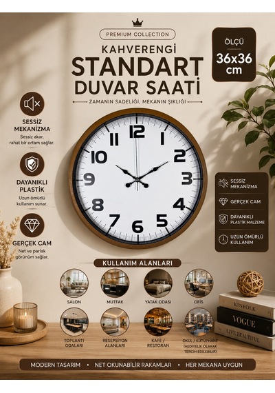 Kahverengi 36 Cm Standart Duvar Saati Standart Rakamlı