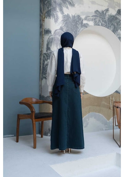 2254-denim Klasik Etek Petrol Petrol