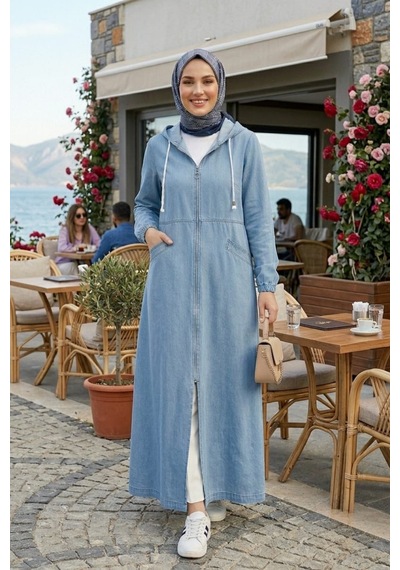 Hb Harma Time Butik Kadın Kapüşonlu Fermuarlı Cepli Açık Mavi Kot Kap