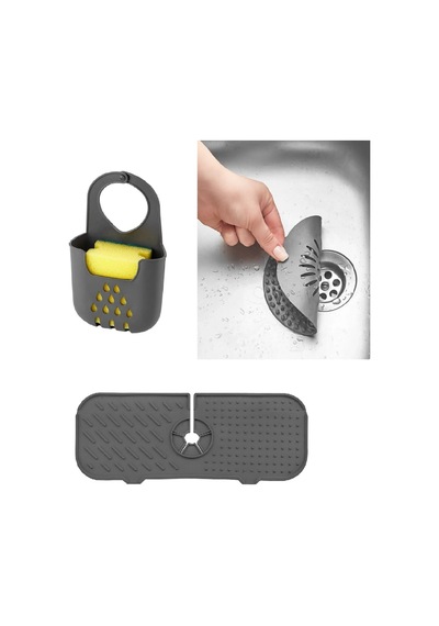 Antrasit Gri Su Tutucu Musluk Matı + Lavabo Süzgeci + Askılı Bulaşık Süngeri Düzenleyici 3 Lü Set Si Diğer