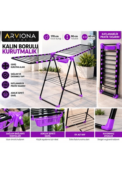 Arvıona Home 170 Cm Kalın Borulu Katlanabilir Metal Çamaşır Kurutmalığı 8 Borulu Mor