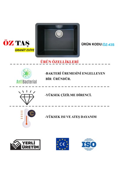 Öztaş ÖZ-43s Granit Mutfak Eviye Siyah Tek Gözlü 43 x 55 CM
