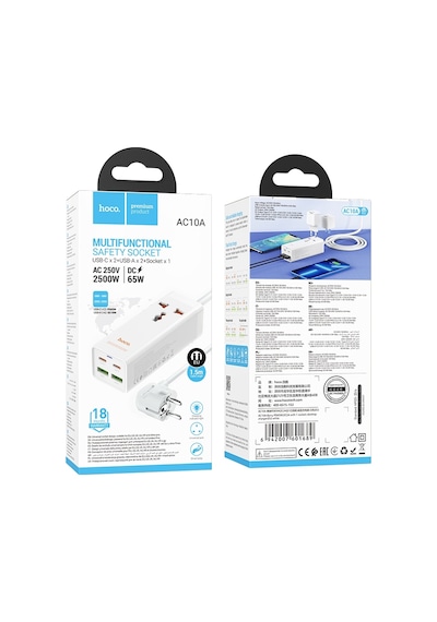 Hoco Ac10a Barry Pd65w 2type-c+2usb Bağlantı Noktaları, 1 Soketli Masaüstü Şarj Cihazı, Kablo Uzunluğu: 1.5m, Ab Fiş Beyaz