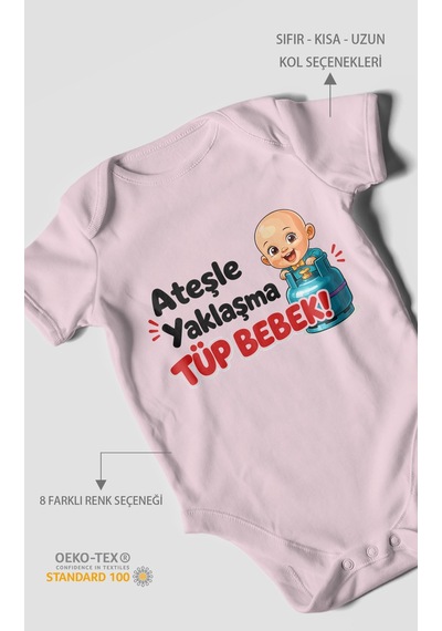 Morivokids Ateşle Yaklaşma Tüp Bebek Kısa Kollu Bebek Body %100 Pamuk Bebe Pembe