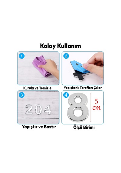 Yapışkanlı Kapı Numarası Küçük Boy 50 Mm 5 Cm Numara 8 Rakam Sekiz Sayı Krom Renk Numaralar 1 Adet