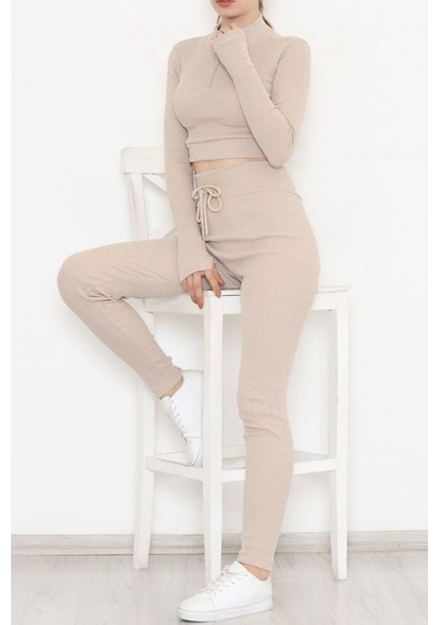 Mokashopin - Fermuarlı Crop Takım Bej - 12130.1748. 001