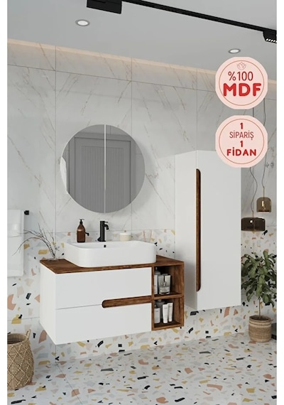 Koza Beyaz 90 Cm %100 Mdf Banyo Dolabı Ayna Lavabo Boy Dolabı Beyaz